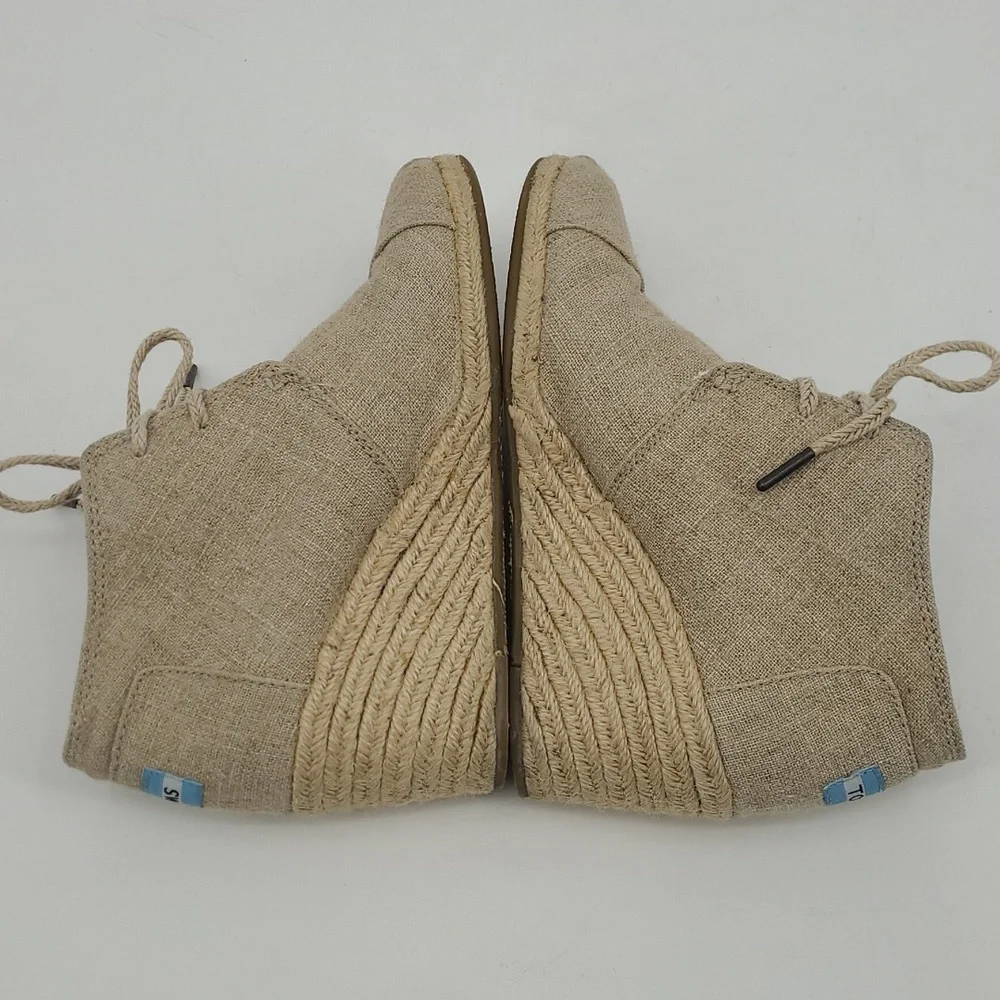TOMS Desert Wedge Oatmeal Linen Canvas Espadrille Lace Up Booties‎ Tan 9.5